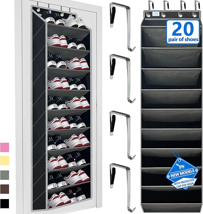 Over the Door Shoe Organizer, 20 to 30 Pairs Hanging Shoe Holder, Heavy Duty Extra Deep Pockets Shoe Storage for Closet, Anti-Scratch Hooks & FSC-Certified Bamboo - Black/Grey