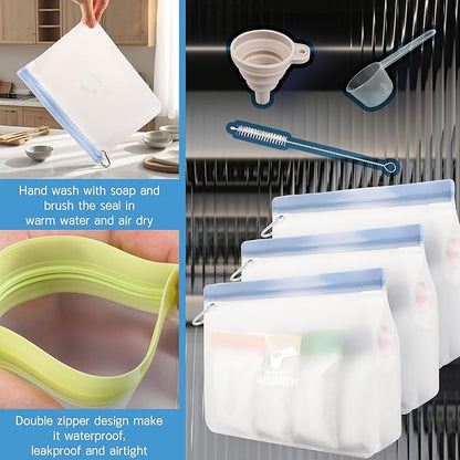 Protein Powder Travel Container Set,Reusable Powder Supplement Container To Go,21Pcs Single Dose Bags & 3Pcs Large Zip Bags,Portable Travel Containers with Funnel,Spoon