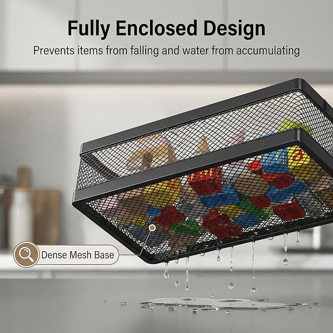 PUSDON Mesh Shower Caddy Wall Mount, Heavy Duty Adhesive Bathroom Shelf Organizer, Rustproof Floating Spice Rack for Kitchen Pantry, Holds 50 LBS, Multi-Purpose Storage Black-2 Packs (Netting)