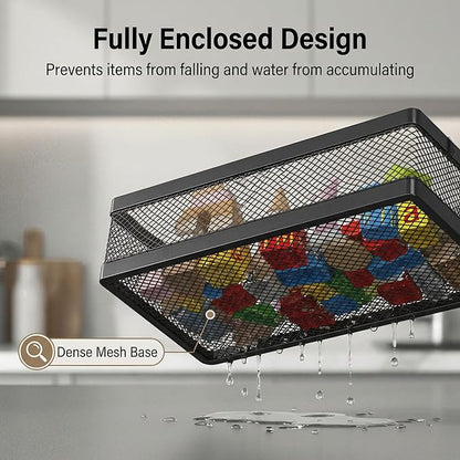 PUSDON Mesh Shower Caddy Wall Mount, Heavy Duty Adhesive Bathroom Shelf Organizer, Rustproof Floating Spice Rack for Kitchen Pantry, Holds 50 LBS, Multi-Purpose Storage Black-2 Packs (Netting)