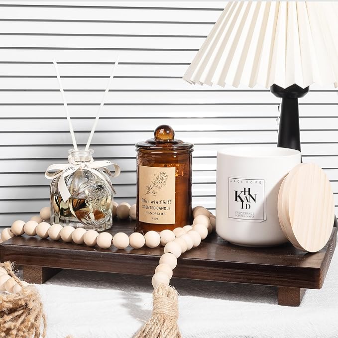 Bathroom Counter Organizer Wood Pedestal Stand Farmhouse Decorative Tray Soap Holder for Kitchen Decor, Large 11.8" x 7" - Walnut