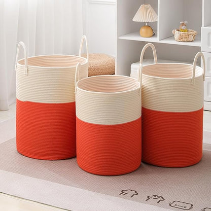 Woven Laundry Hamper Tall Rope Storage Basket for Blanket oys Dirty Clothes in Living Room Bathroom Bedroom (White&Orange, 100L/26.4Gal)