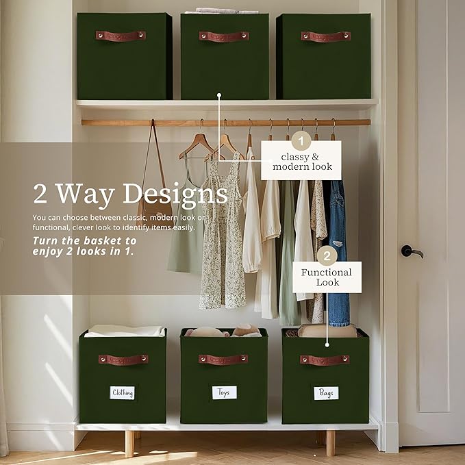 DECOMOMO Storage Cubes, 13x13x13 Storage Cube Bins with Labels, Fabric Organizer Bins (13" / 6pcs, Olive Green)