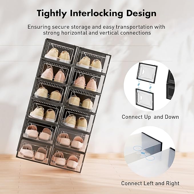 Foluck Shoe Storage Box, 15 Pack Clear Plastic Stackable Shoe Organizer for Closet, Interlocking Design for Sneakers, Foldable Shoes Container Rack with Lids, Black