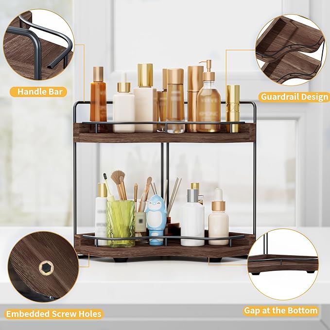 2-Tier Corner Bathroom Counter Organizer with Embedded Screw Holes, Secure & Stable Wood Vanity Shelf for Makeup and Skincare Essentials - Space Saving Bathroom Countertop Storage, Dark Brown