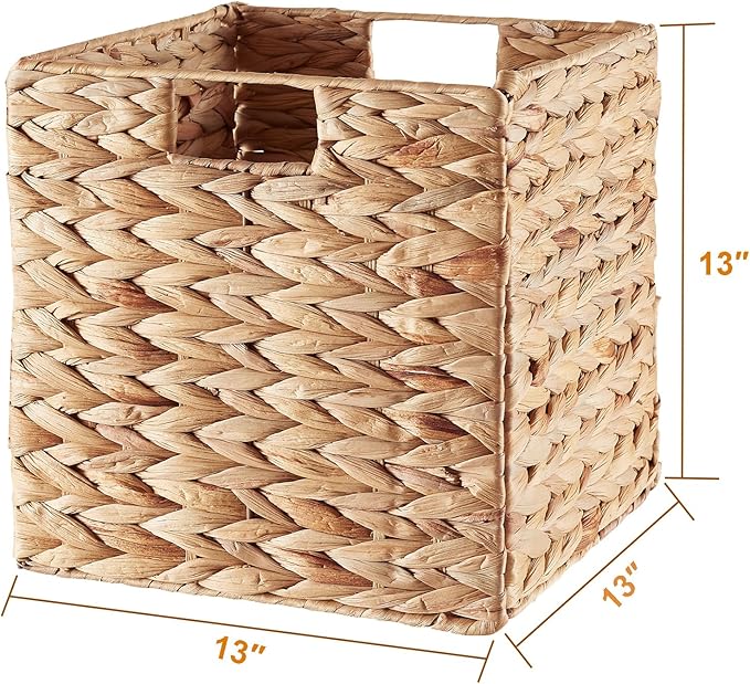 Vagusicc Storage Basket, Set of 2 Hand-woven Water Hyacinth Storage Baskets, Foldable Wicker Storage Basket 13 Inch Cube Storage Bins for Shelves Organizer Square Shelf Baskets, 13''x13''x13''