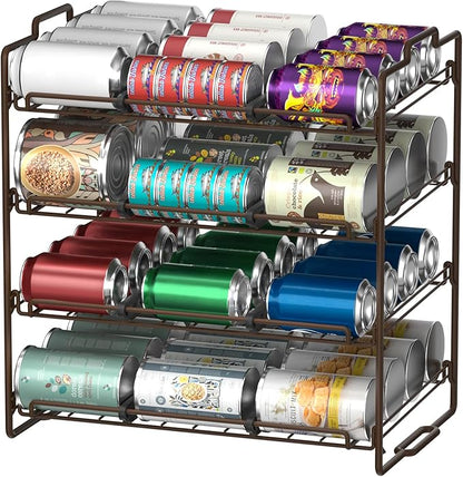 4 Tiers Stackable Can Rack Organizer, Wear-resistant Upgrade Beverage Food Can Dispenser Holder Holds up to 48 Cans for Kitchen Cabinet and Pantry (Brown)