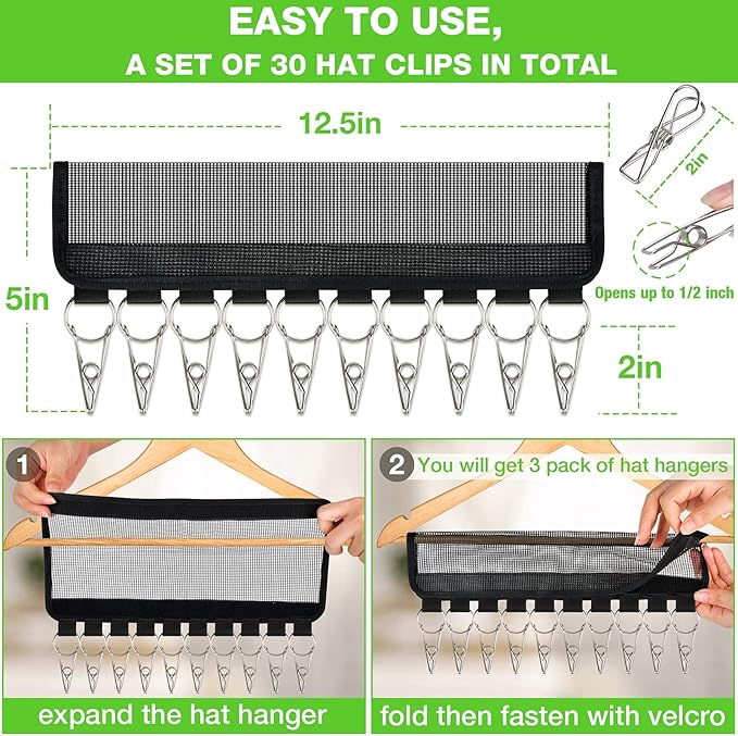 Baseball Cap Holder, 3 Pack Cap Organizer for Hanger & Closet, 10 Stainless Steel Hat Holder Clips to Hang Baseball Hats, Ball Caps, Accessories, Keep Your Closet Bedroom Door Tidy, Black Plastic Net