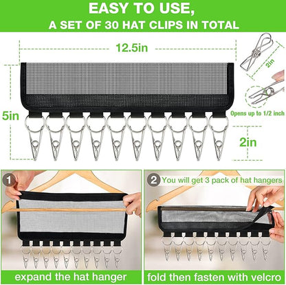 Baseball Cap Holder, 3 Pack Cap Organizer for Hanger & Closet, 10 Stainless Steel Hat Holder Clips to Hang Baseball Hats, Ball Caps, Accessories, Keep Your Closet Bedroom Door Tidy, Black Plastic Net