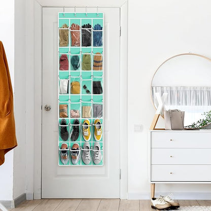 Simple Houseware 24 Pockets - Crystal Clear Over The Door Hanging Shoe Organizer, Turquoise (64'' x 19'')