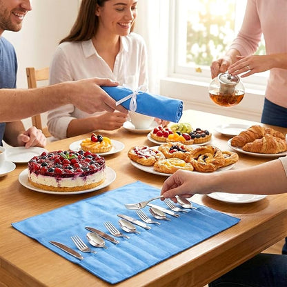 Tebery 12 Pcs Anti Tarnish Silver Storage Bags, 12 Slot Silverware Protector Cloth Roll with White Ribbon, Cutlery Flatware Place Setting Roll Organizer for Kitchen Utensil Teaspoon