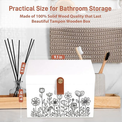 100% Solid Wood Tampon Holder Box with Lid, Copper Leather Pull, Absolute Real Wood Bathroom Decorative Box for Feminine Product Storage and Accessories such as Tampons, Cotton Balls, Gifts for Women