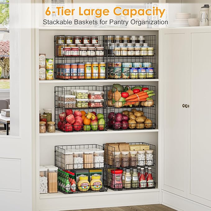 JKsmart 6-Tier Stackable Wire Basket, Can Organizer for Pantry Kitchen, XXL Metal Storage Shelves with Dividers & Handles, Easy Assembly Space Saving Storage Bins for Snacks Fruits Veggies