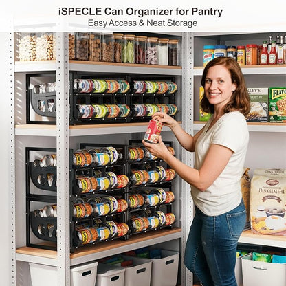 iSPECLE Expandable Can Storage Organizer Pantry, 2 Pack Large Capacity 80 Cans Pantry Organizers and Storage, Auto Rolling Dispenser & Stackable Holder for Deep Pantry Shelves, Black