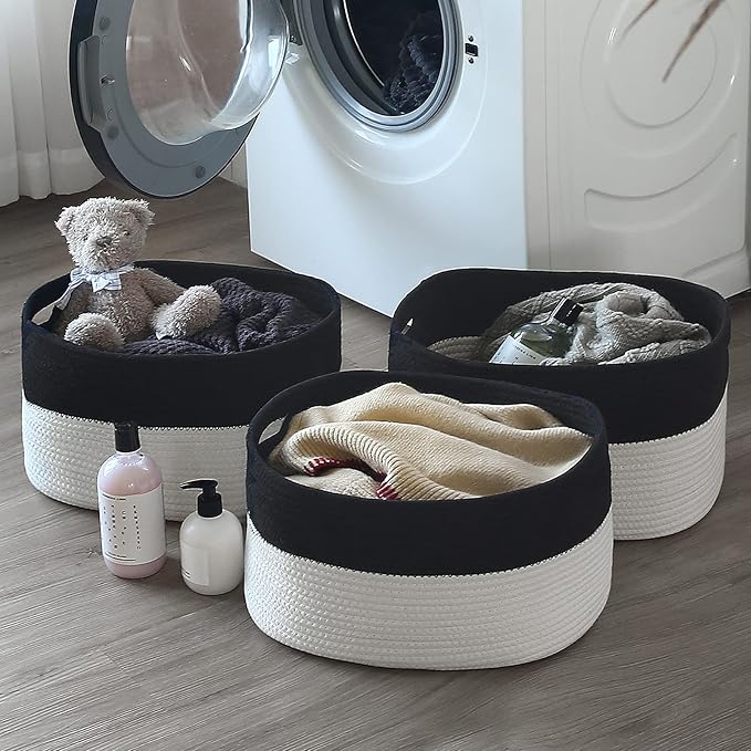 ECDYQXVU Cotton Rope Storage Basket, 15x10x9 Inches, Woven Basket for Shelves, Clothes, Towels, Books, and Laundry, Black/ White (2 Pack)