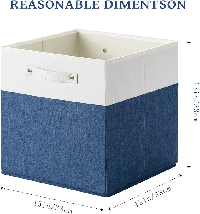 FinishingBo 13 x 13 Inch Fine Linen Storage Bins with Handles，Fabric Cube Boxs，Basket Organizers for Shelves for Home, Closet Drawers (White/Blue-4 Pack)