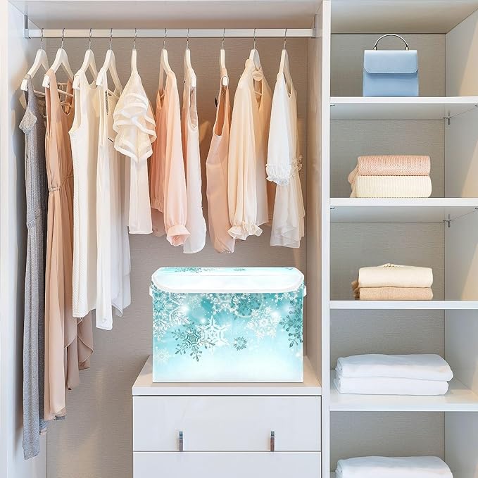 Senya Collapsible Storage Bins with Lids, Silver Winter Teal Turquoise Snowflakes Christmas Storage Boxes Clothes Baskets for Organizing