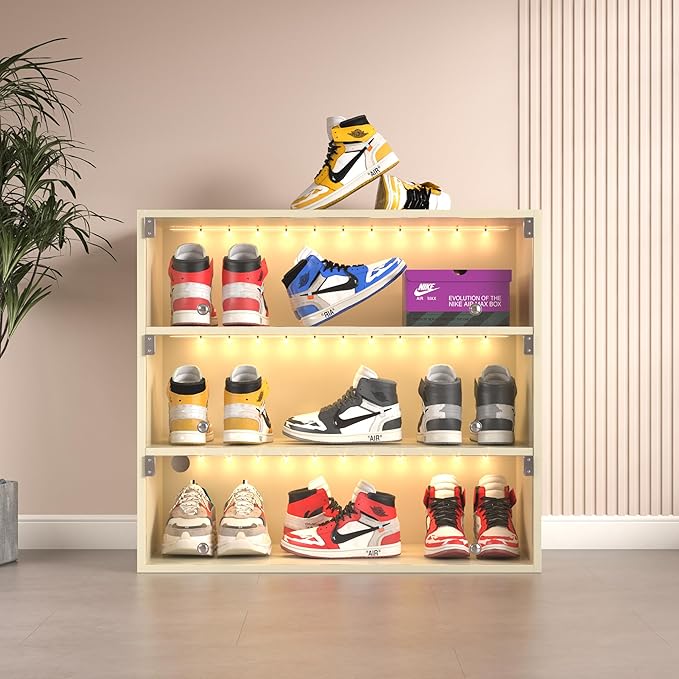 LED Wooden Storage Box With Glass Door, RGB Light for Up to 9 Pairs of Shoes, Organizer Bin for Display Sneakers (White, 3 Layers)