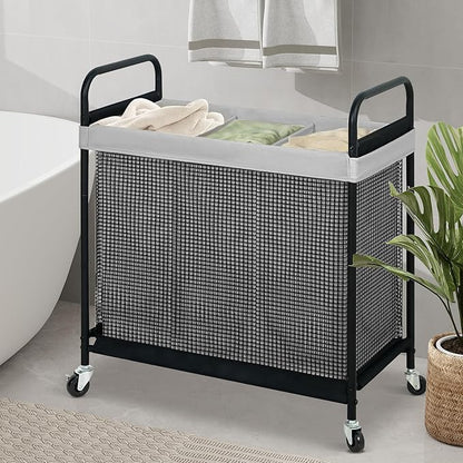 STO STO Laundry Hamper 3 Section, 120L Rolling Laundry Sorter Cart with Removable and Washable Liner Bag, Clothes Hamper with Wheels and Metal Handle for Laundry Room and Bedroom, Gray