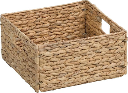 eHemco Large Square Woven Hyacinth Wicker Pantry Storage Baskets with Iron Wire Frame, 12"x12"x6", Natural, Set of 4