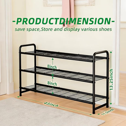 Ekisemio 3-Tier Long Metal Shoe Rack, Wide Stackable Shoe Organizer for Closet & Entryway, with Sturdy Wire Grid Storage Shelf for Bedroom, Black