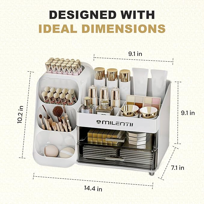 Makeup Organizer with Drawers, Large Capacity Cosmetic & Skincare Storage Box, Countertop Vanity Organizer for Bathroom, Bedroom & Dresser, ABS Plastic, White