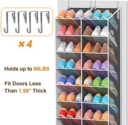 20-30 Pairs Over the Door Shoe Organizer, Breathable Mesh Pocket Hanging Shoe Storage for Closet, 10-Tier Door Shoes Rack, Handing Shoes Holder Fit All the Family's Sneakers, Boots, Heels, Dark Grey