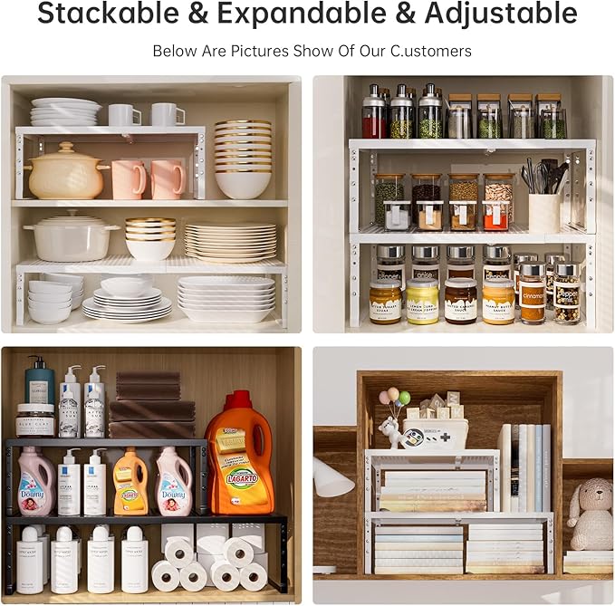 Cabinet Shelf Organizer, Spice Rack,Stackable, Expandable, Rust Resistant, Convenient Kitchen Storage, Metal Shelf for Kitchen, Countertop, Restroom(3Packs/Black,Medium)