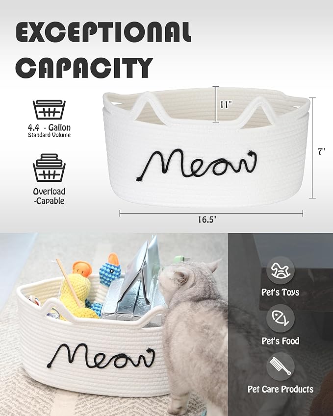 Sea Team Cat Toy Basket with Handles, 16.5 x 11 x 7 Inches, 4.4 Gallons Large Cotton Rope Storage Bin, Box, Shelf Organizer for Pet Chew Toys, Foods, White Meow