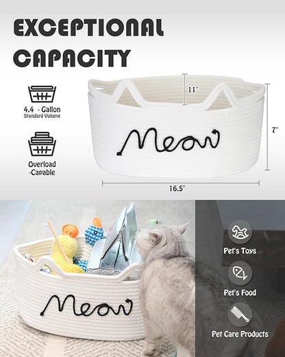 Sea Team Cat Toy Basket with Handles, 16.5 x 11 x 7 Inches, 4.4 Gallons Large Cotton Rope Storage Bin, Box, Shelf Organizer for Pet Chew Toys, Foods, White Meow