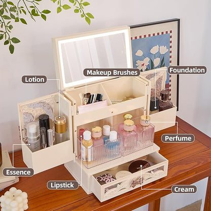 Vintage LED Makeup Organizer with Mirror, Large Cosmetic Storage Box with Drawers & Side Compartments, Dustproof Skincare Organizer for Vanity, Elegant Gift for Women (White)