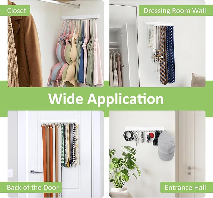 2 Pack Tie Hanger Wall Mounted, Wooden Tie Rack Belt Hanger with 24 Non Slip 180° Rotating Hooks, Belt Organizer Space Saving Tie Hanger for Closet, Tie Holder & Tie Organizer, White