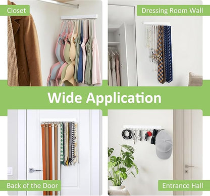 2 Pack Tie Hanger Wall Mounted, Wooden Tie Rack Belt Hanger with 24 Non Slip 180° Rotating Hooks, Belt Organizer Space Saving Tie Hanger for Closet, Tie Holder & Tie Organizer, White