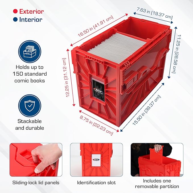 BCW Short Comic Book Bin | Holds 150 Comics | Stackable Plastic Storage | Acid-Free Organizer | Red, 2 Pack