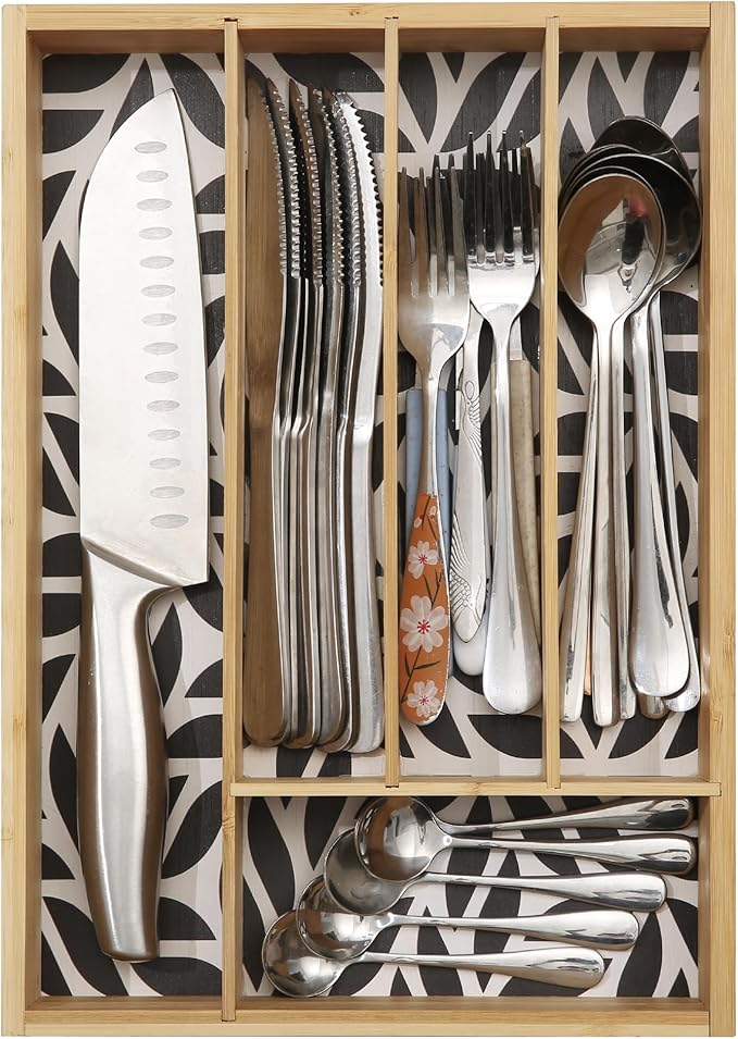 Pristine Bamboo Kitchen Drawer Organizer - Silverware & Utensil Organizer, 5-Slot, Geometric Print
