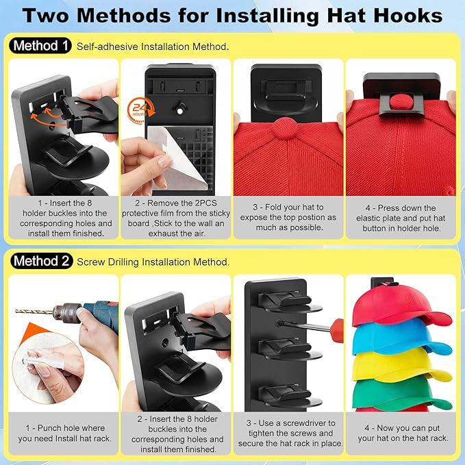 2 Pack MultiLayer Hat Organizer for Baseball Caps, Holds 16 Hats, Hat Hook for Wall, Dual Mount (Adhesive/Screws), Space Saving Cap Organizer for Walls & Doors