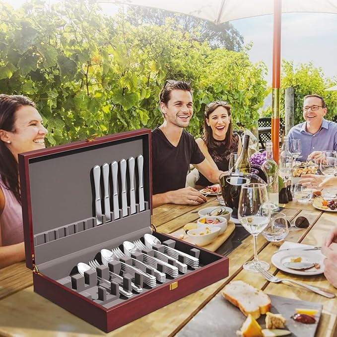 Solid Mahogany Silverware Storage Box,Silverware Chest Case with Lid and Felt Lined,Wood Flatware Storage Box for 12 sets of Utensils,Silverware Boxes for Flatware,Silverware Chest without Silverware
