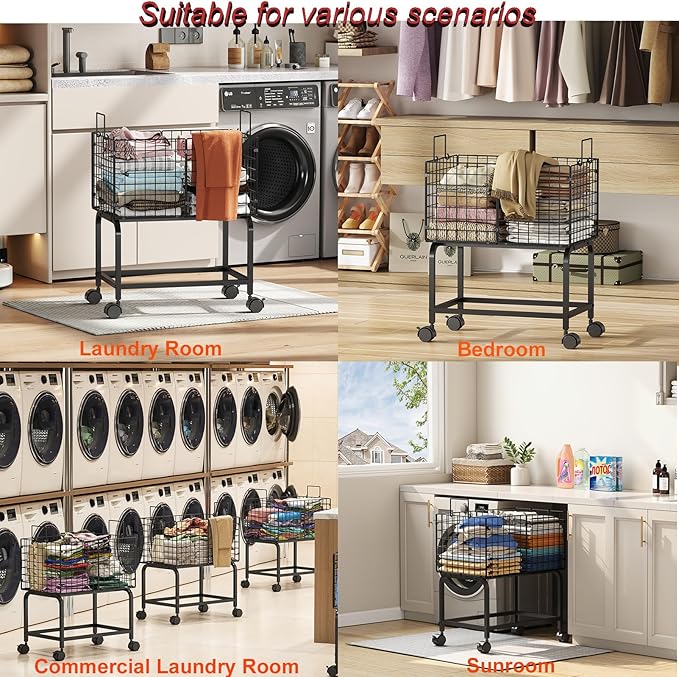 Wire Laundry Hamper Cart,Rolling Laundry Carts with Pull Handle,Black Tall Laundry Basket,Commercial Wire Laundry Hamper Cart-23.6 * 15.75 * 28 inches