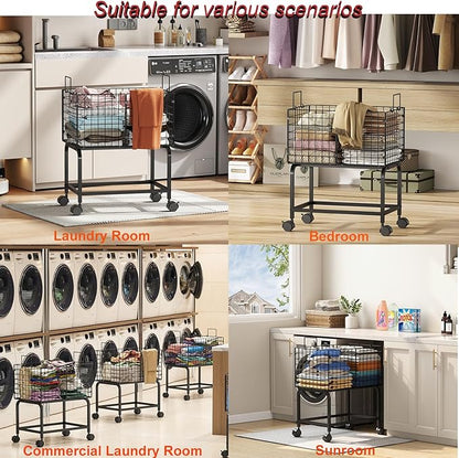 Wire Laundry Hamper Cart,Rolling Laundry Carts with Pull Handle,Black Tall Laundry Basket,Commercial Wire Laundry Hamper Cart-23.6 * 15.75 * 28 inches