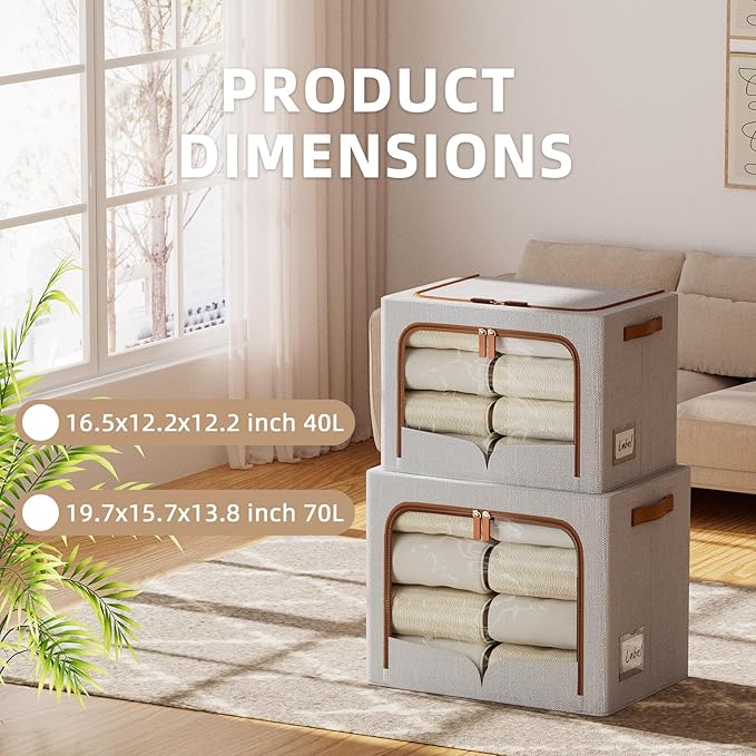 FHSQX 6 Pack Clothes Storage Bins - Foldable Storage Bins for Clothes Fabric Storage Box with Metal Frame (Light Grey, 16.5x12.2x12.2 inch)
