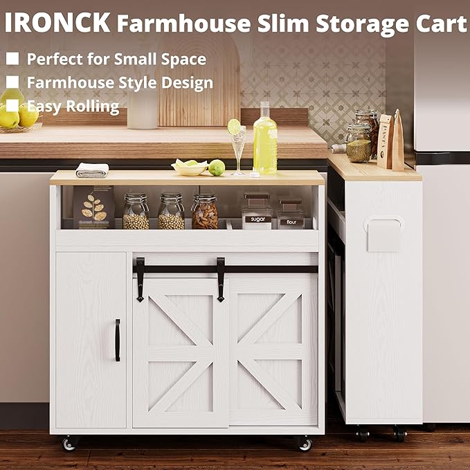 IRONCK Toilet Paper Cabinet, Slim Bathroom Cabinet with 4 Rolling Wheels, Farmhouse Slim Storage Cart with Paper Holes, Sliding Doors and Adjustable Shelf for Small Space, White/Natural