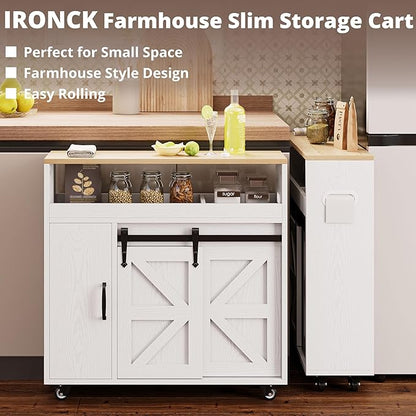 IRONCK Toilet Paper Cabinet, Slim Bathroom Cabinet with 4 Rolling Wheels, Farmhouse Slim Storage Cart with Paper Holes, Sliding Doors and Adjustable Shelf for Small Space, White/Natural