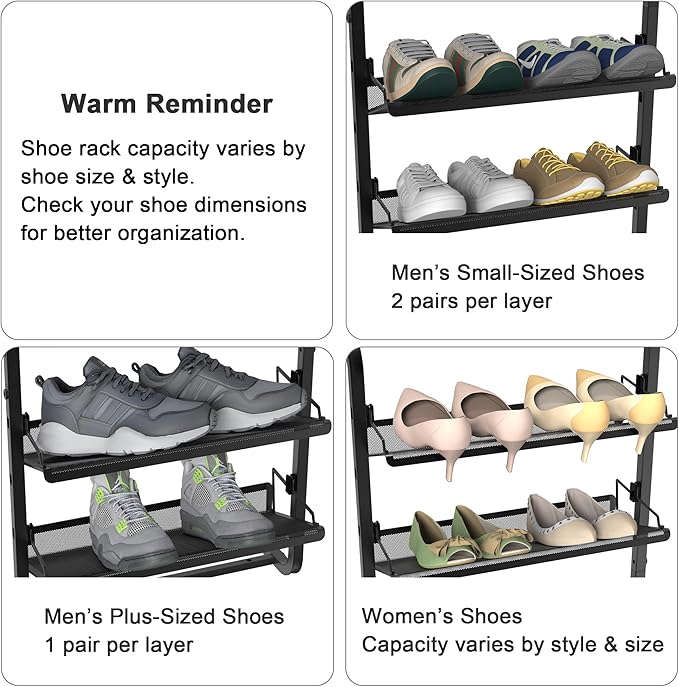 BUKFEN 6 Tier Adjustable Heavy Duty Metal Shoe Rack, Door Hanging and Wall Mount Organizer for Closet, Bedroom, Entryway, Laundry, Apartment, Small Spaces, Space Saving Solution for Busy Homes