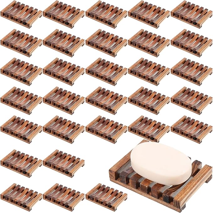 Skylety 50 Pieces Wooden Shower Soap Dish Bulk Soap Holder Savers Draining Tray Case Stand for Bathroom Kitchen Travel Sponge Shampoo Sink, 4.5 x 3.1 x 0.9 Inches (Brown Color)