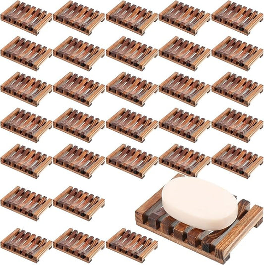 Skylety 50 Pieces Wooden Shower Soap Dish Bulk Soap Holder Savers Draining Tray Case Stand for Bathroom Kitchen Travel Sponge Shampoo Sink, 4.5 x 3.1 x 0.9 Inches (Brown Color)