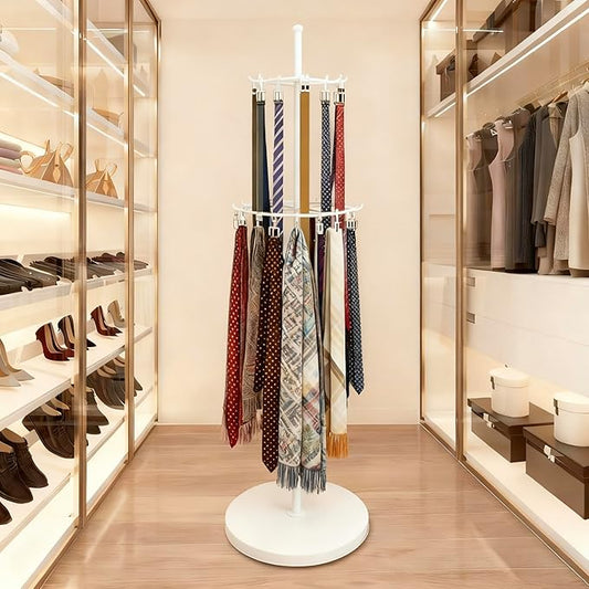 White Belt Display Scarf &Ties Rack Stand, 360° Rotation Floor Mounted Belt Hanger, Metal Men Closet Belt Organizer Holder Jewelry Necklaces Purse Hanger Shelf for Clothing Store Retail & Home
