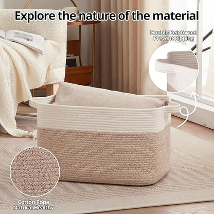 OIAHOMY Large Blanket Basket, 65L Cotton Rope Woven Laundry Basket, Toy Bin for Baby Room, Container for Blanket Storage in Living Room, 20''×16''×12'', Brown & White