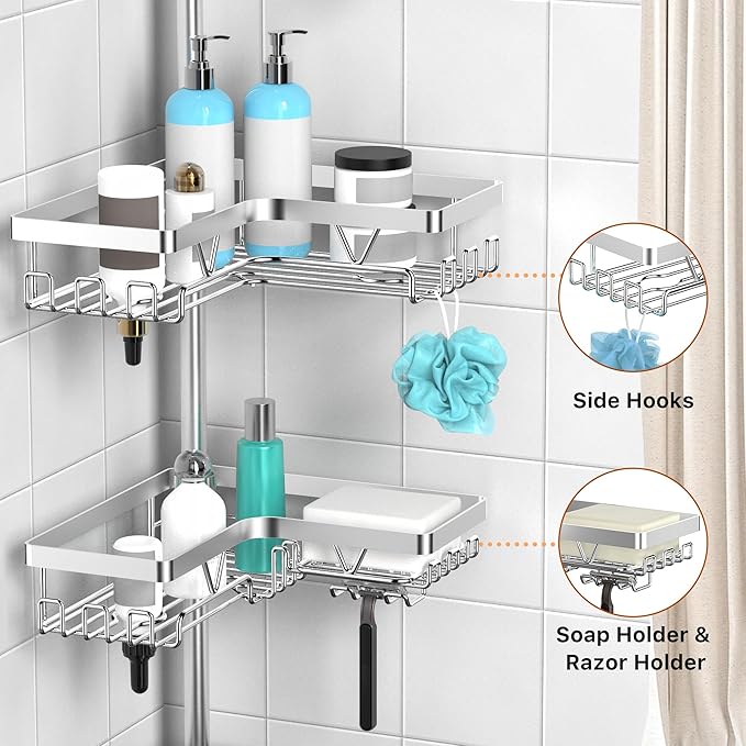 KEGII Corner Shower Caddy Tension Pole, Adjustable Shower Tension Rod Organizer, Floor to Ceiling Shower Caddy 25-114.2 inch, Silver