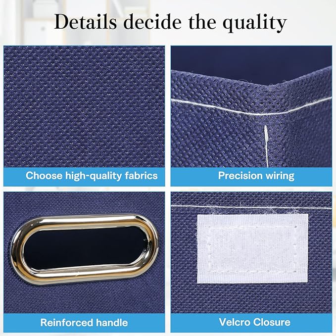 STOREONE Fabric Storage Cube Bins Foldable Organizer Container Collapsible Basket with Lids and Metal Handles, for Home, Bedroom, Closet 6 Pcs (Navy Blue)