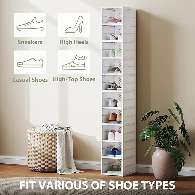 HOMCOM 10 Pack Foldable Shoe Organizer, Plastic No Assembly Stackable Shoe Storage Box with Clear Door, Space Saving, Fit up to US Size 10, White